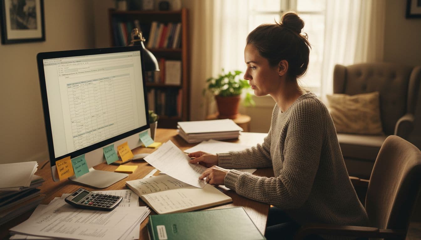 A small business owner in a home office reviews GSA Schedule application documents on a computer screen and papers, with an organized desk featuring a calculator and notes, focused expression, and warm indoor lighting.