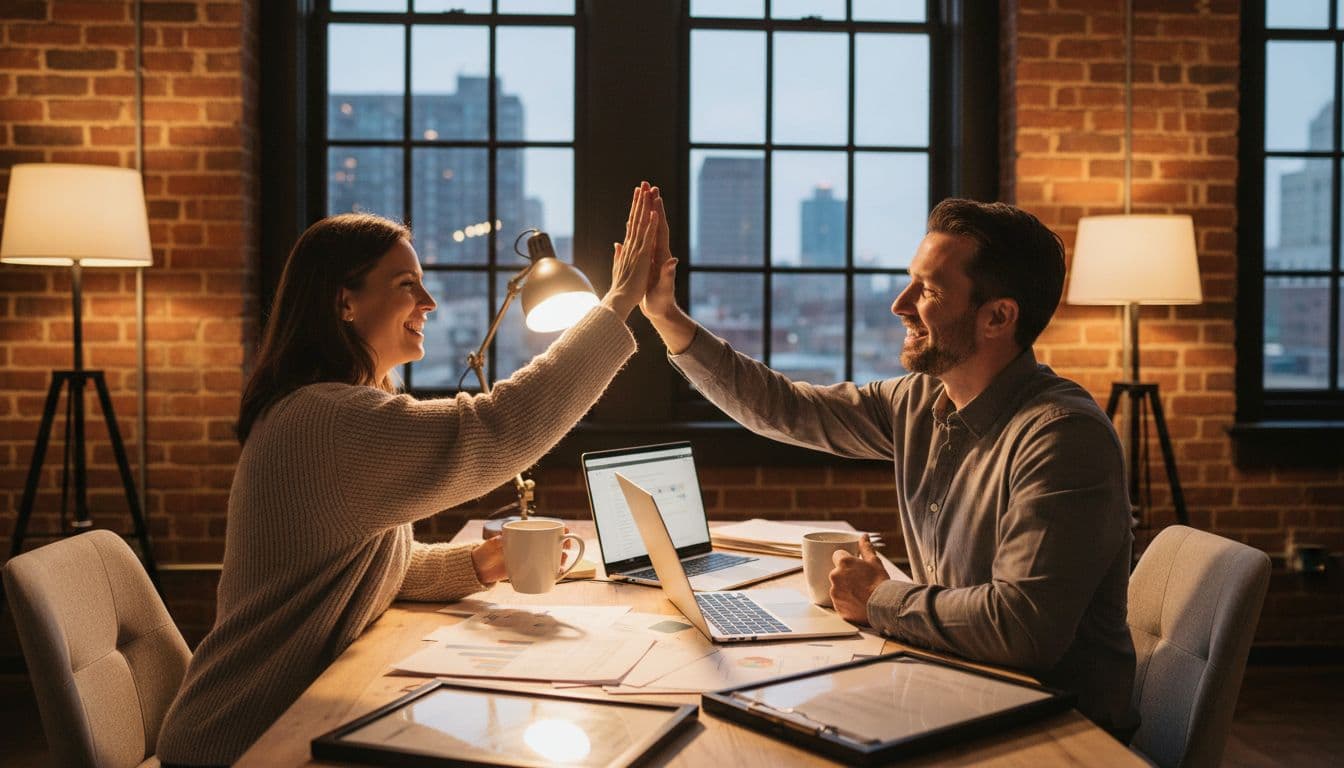 Two small business owners in a cozy office high-fiving excitedly after winning a federal IDIQ contract award, with coffee mugs on the desk and warm ambient lighting in a realistic lifestyle image.