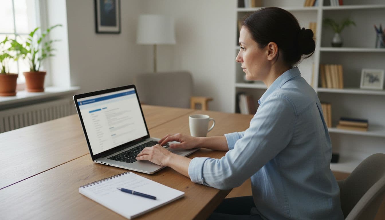 Solo entrepreneur in bright home office focuses on laptop with blurred government registration site, notepad and coffee mug nearby.