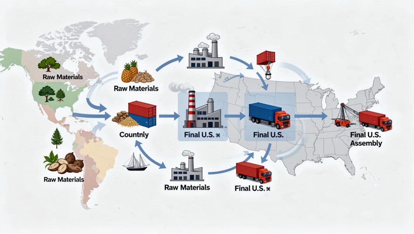 Supply chain diagram with arrows from raw materials in designated countries to final U.S. assembly, featuring factory and shipping container icons in a clean graphic style on a digital screen with soft lighting.