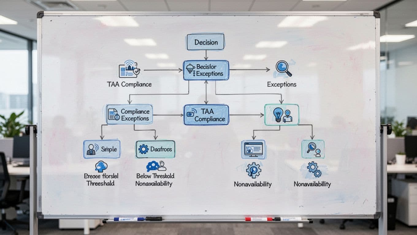 Decision flowchart illustration on a whiteboard showing paths for TAA compliance exceptions like below threshold or nonavailability, with simple icons for each branch and a blurred office background under bright lighting in illustrative style.