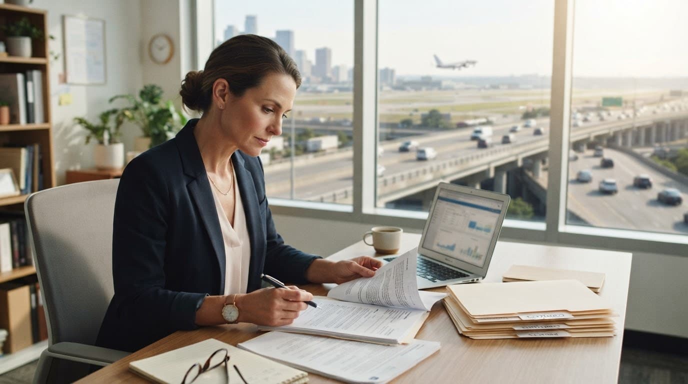 A business owner reviews folders beside a laptop with a runway and bridge outside.