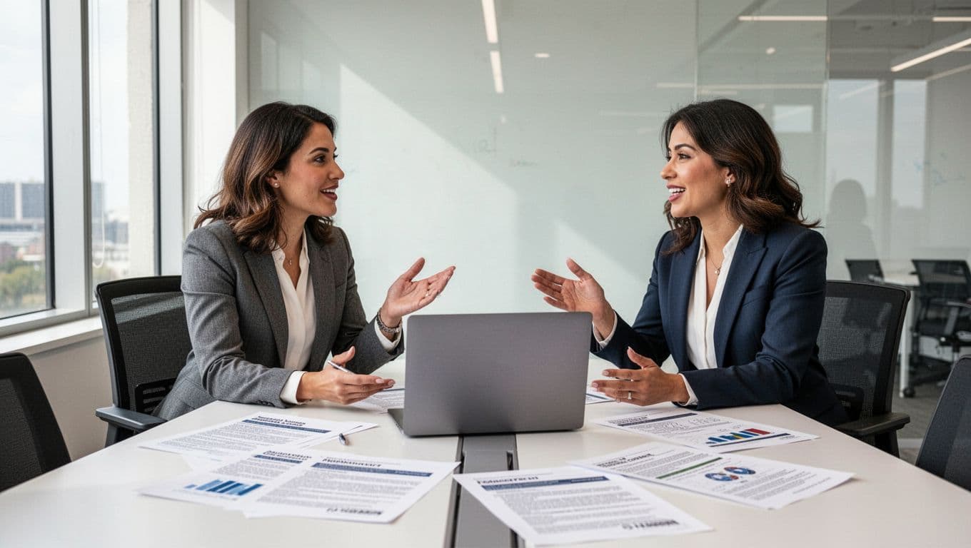 Two professional women entrepreneurs animatedly discuss business ideas at a conference table covered with federal contract papers and a closed laptop in a bright modern office with natural window light.