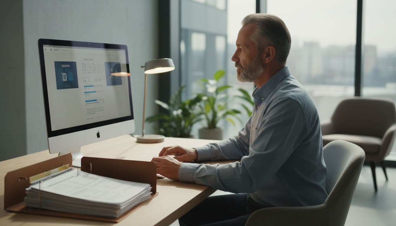 Veteran entrepreneur at computer workstation uploads documents to angled online portal screen, organized papers nearby in modern office.