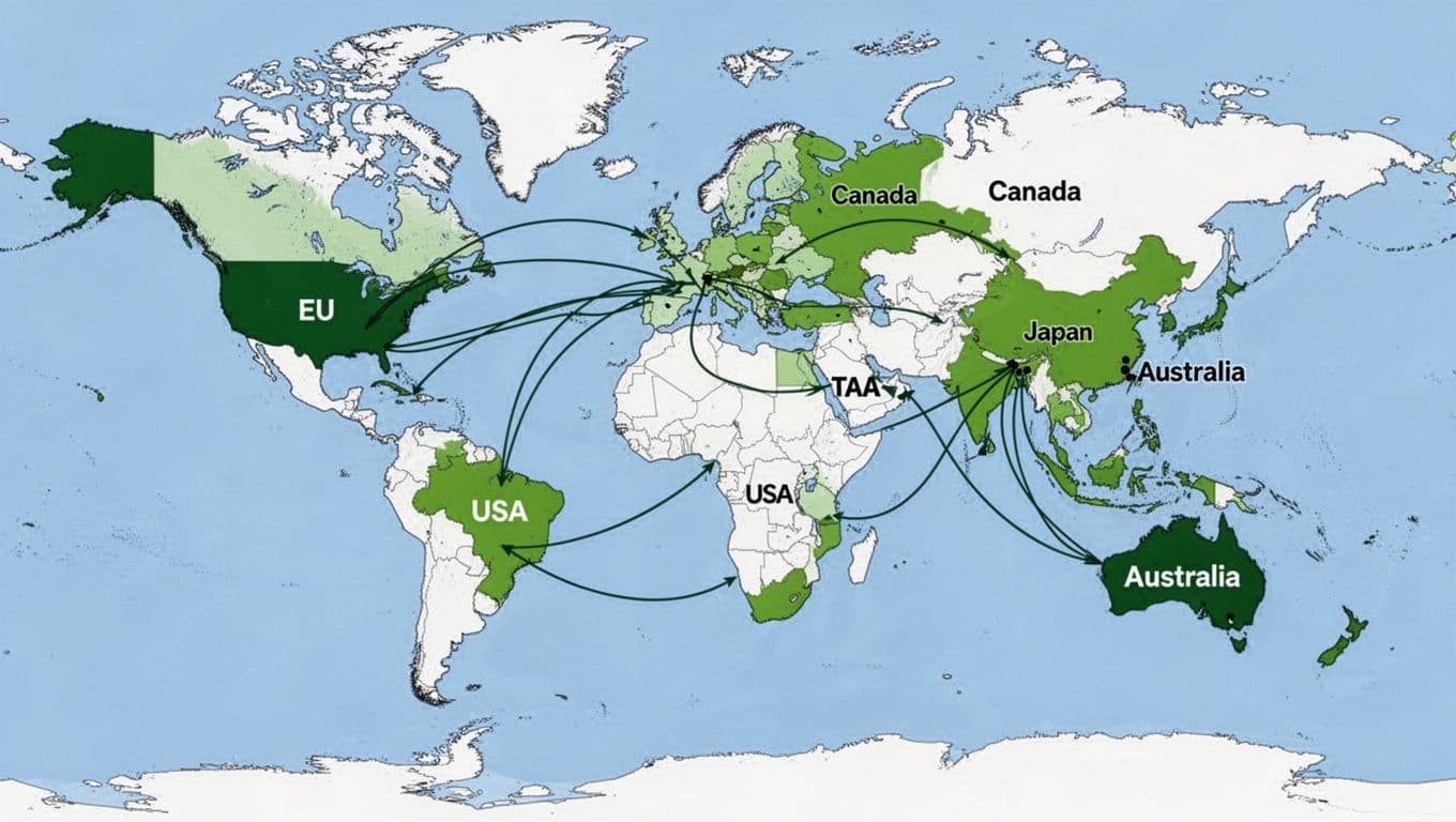 World map highlighting TAA designated countries like EU, Canada, Japan, and Australia in green, connected by trade routes to the USA in a simple illustrative style with bright colors and overhead view.