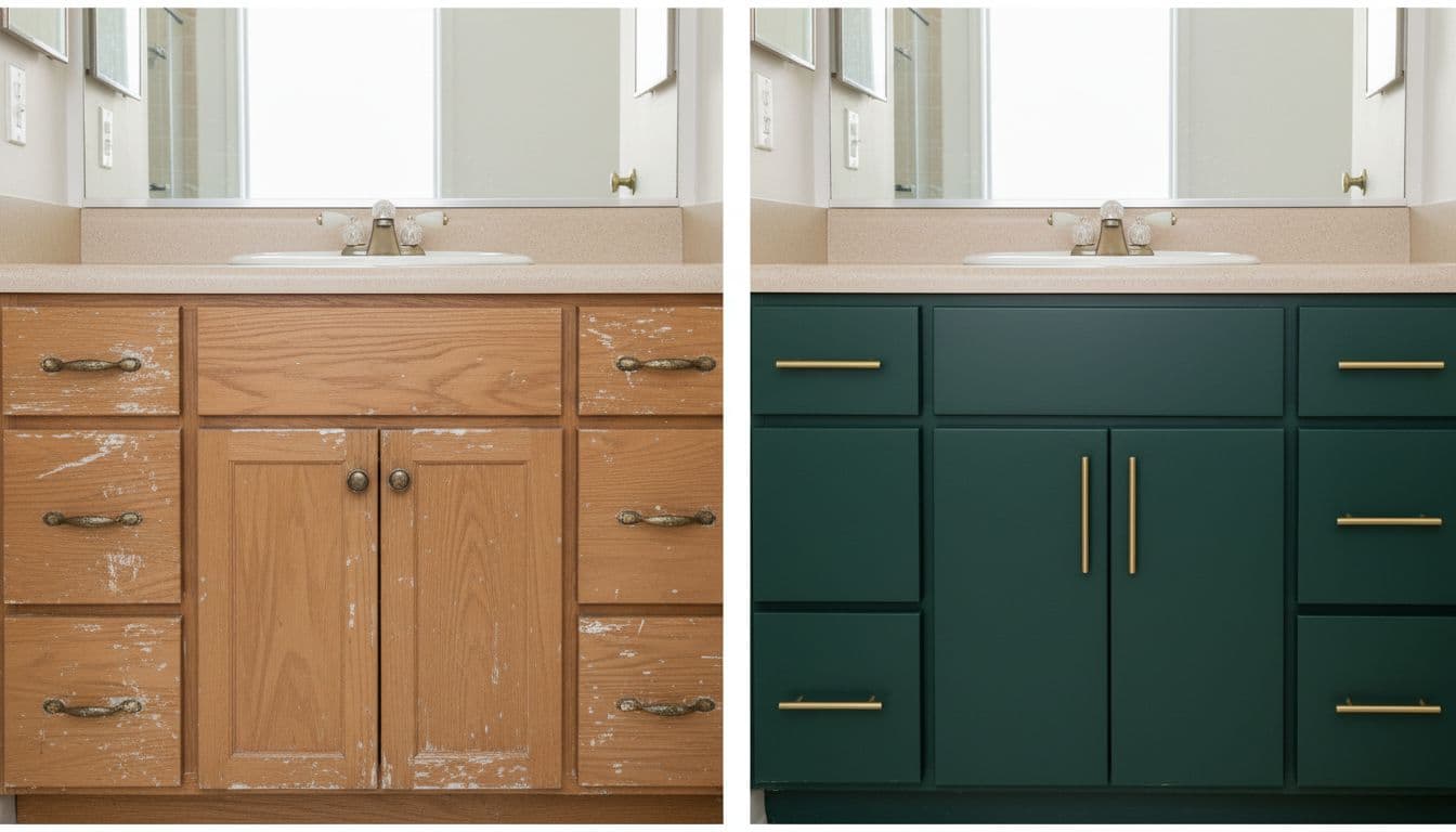 Before and after split-image comparison of a bathroom vanity refacing, transforming old worn cabinets with peeling finish into sleek flat slab doors in deep green matte finish with new hardware.