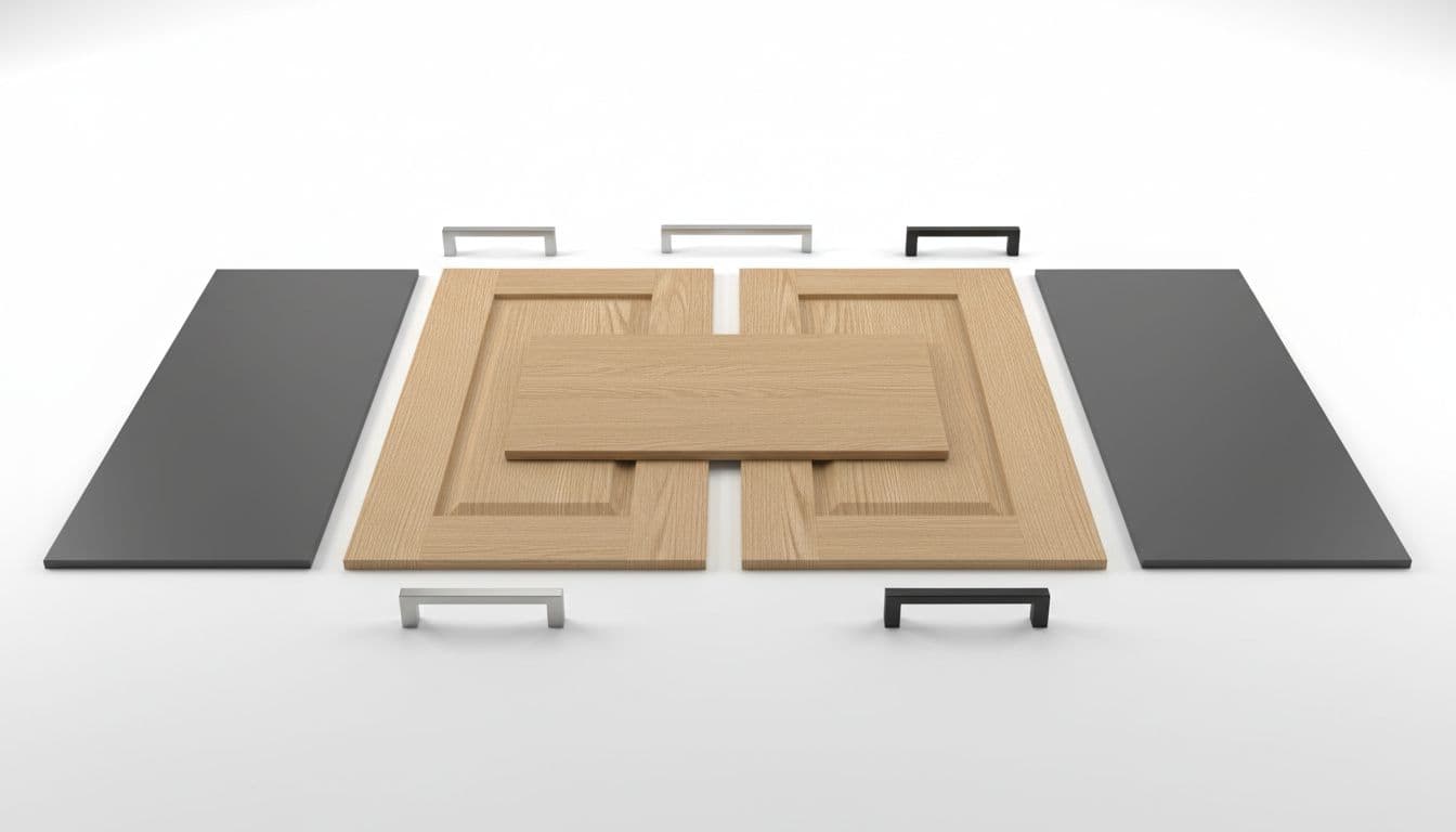 Shaker style doors in light oak and slab doors in matte gray, with brushed nickel and matte black pulls, neatly arranged on a clean white surface in product photography style.