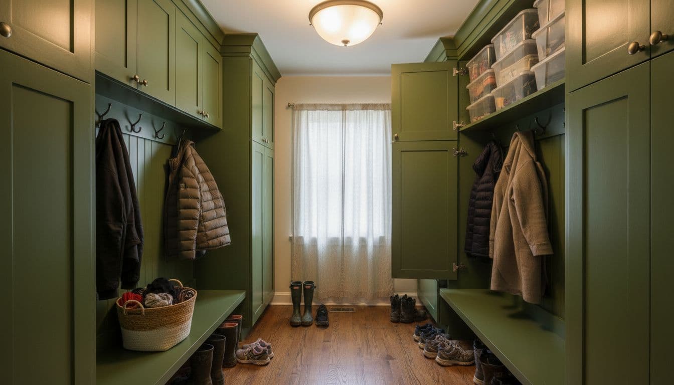 Mudroom shows glossy painted walls matching cabinets, coats on hooks, shoes on floor.