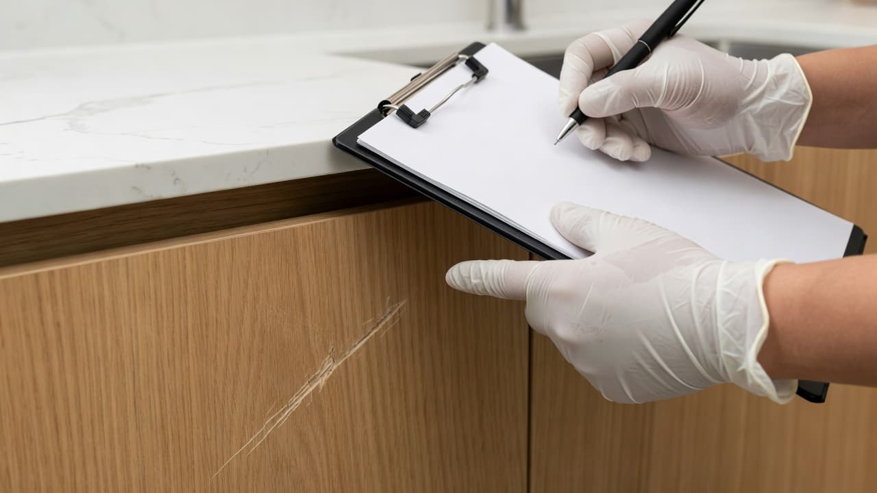 A person holding a clipboard inspects a scratch on a kitchen cabinet door.