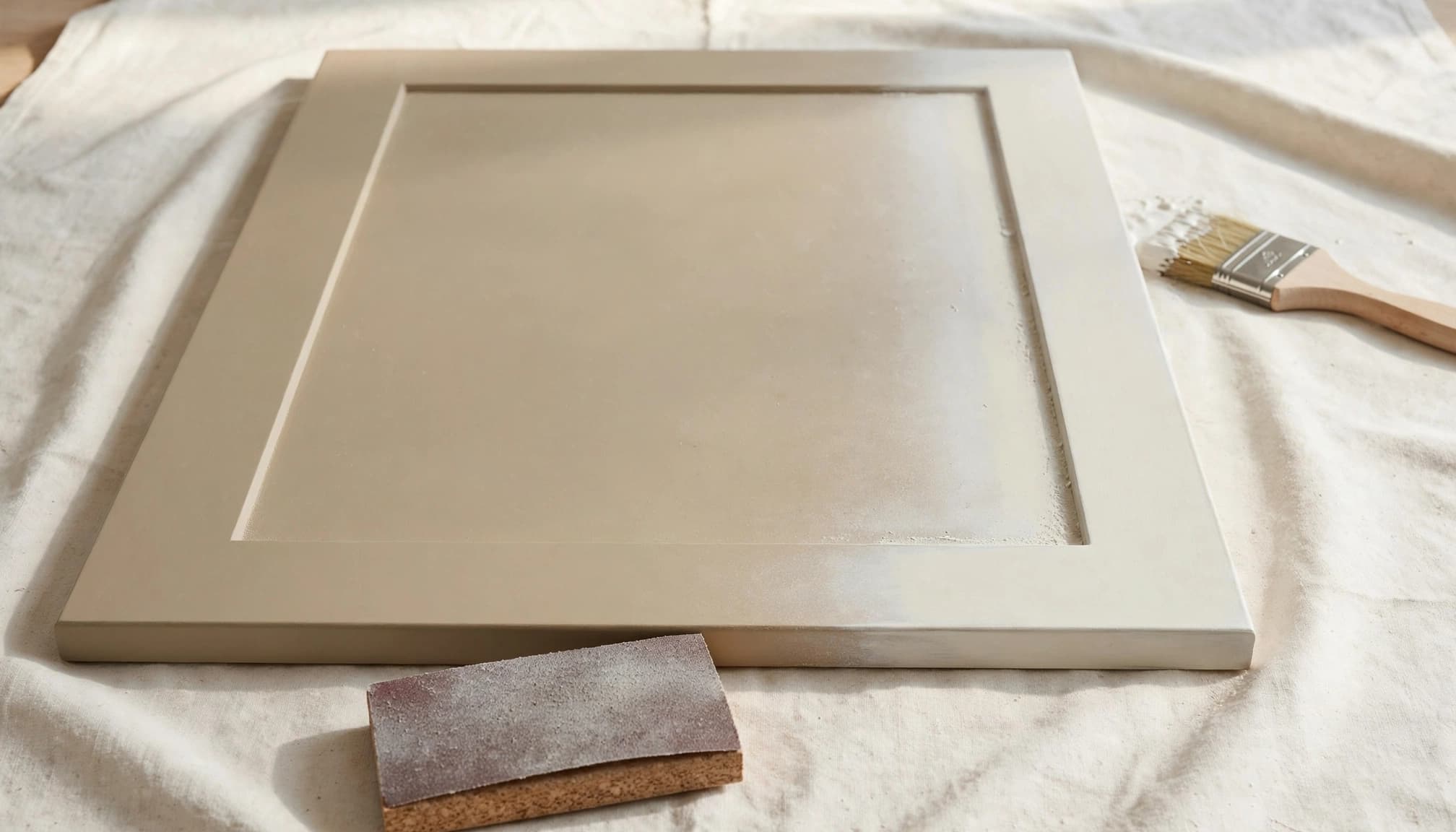 Primed cabinet door with a smooth repaired edge and sanding tools on a clean drop cloth.