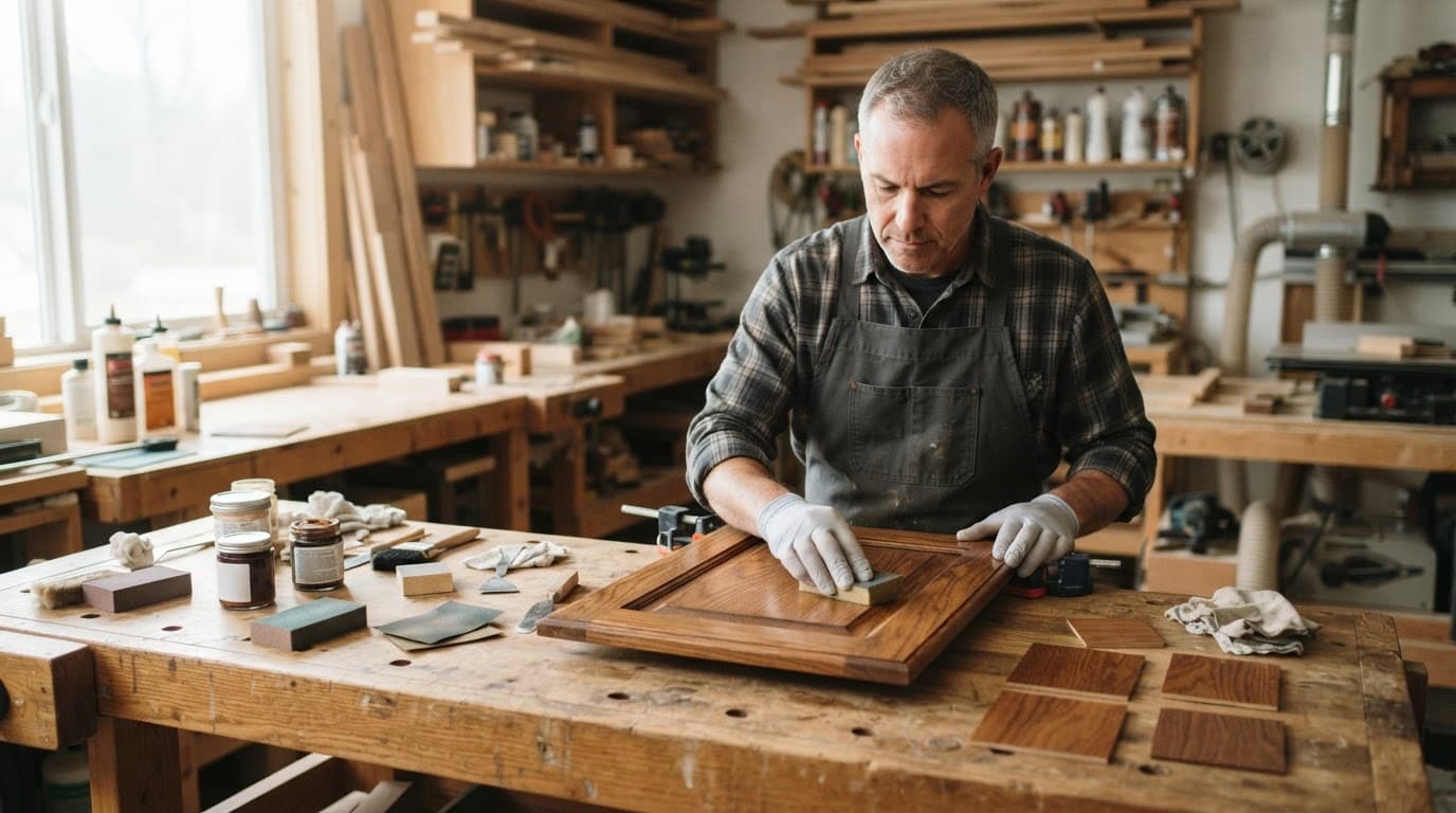 Technician restoring a cabinet door beside veneer samples and neatly arranged tools.