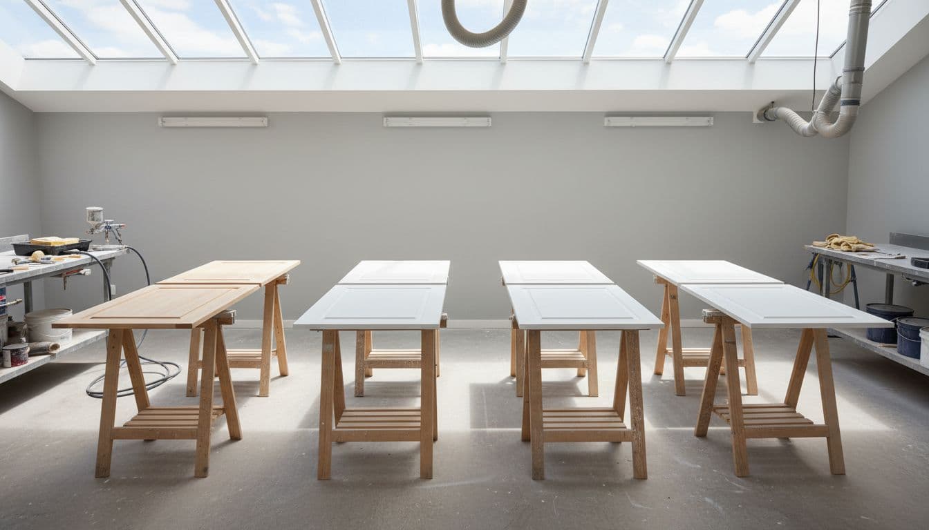 Six kitchen cabinet doors on sawhorses in workshop, some sanded to bare wood, others primed white, sprayer and brushes nearby.