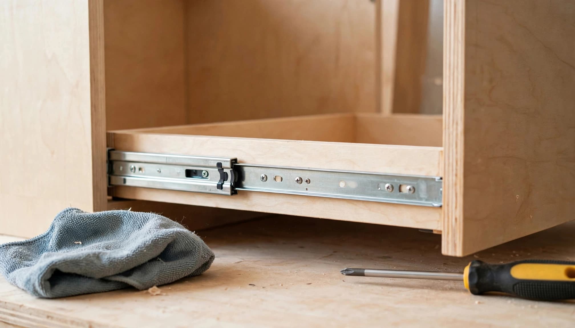 An open cabinet drawer reveals metal slides beside a cloth and screwdriver.