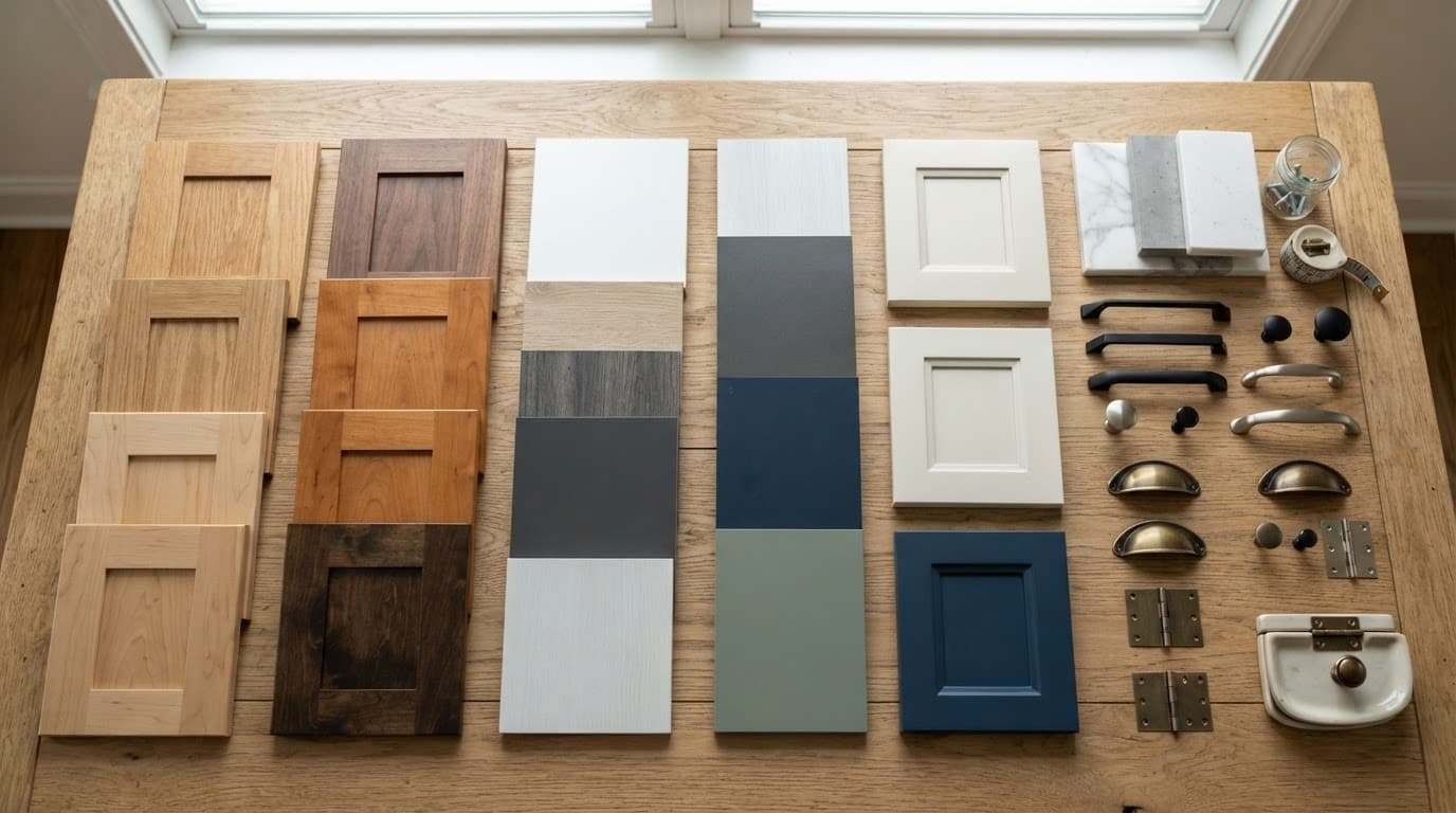 Wood veneer, laminate, and hardware samples arranged on a wooden table.