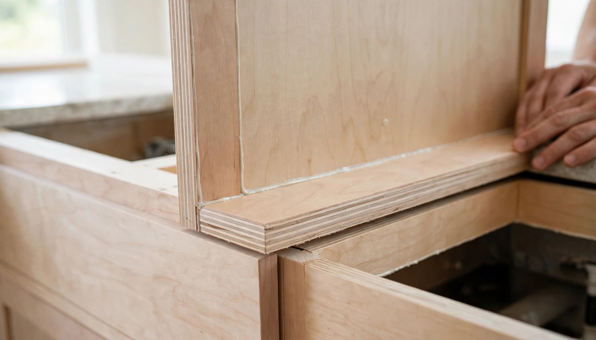 Close-up of a refaced cabinet with veneer, new drawer fronts, and a sealed edge by the sink.