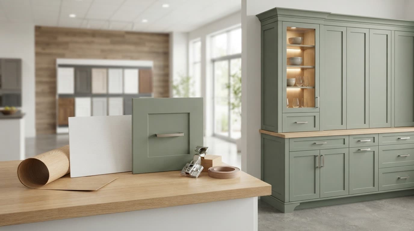 Refacing samples and a soft-close hinge beside finished cabinets.
