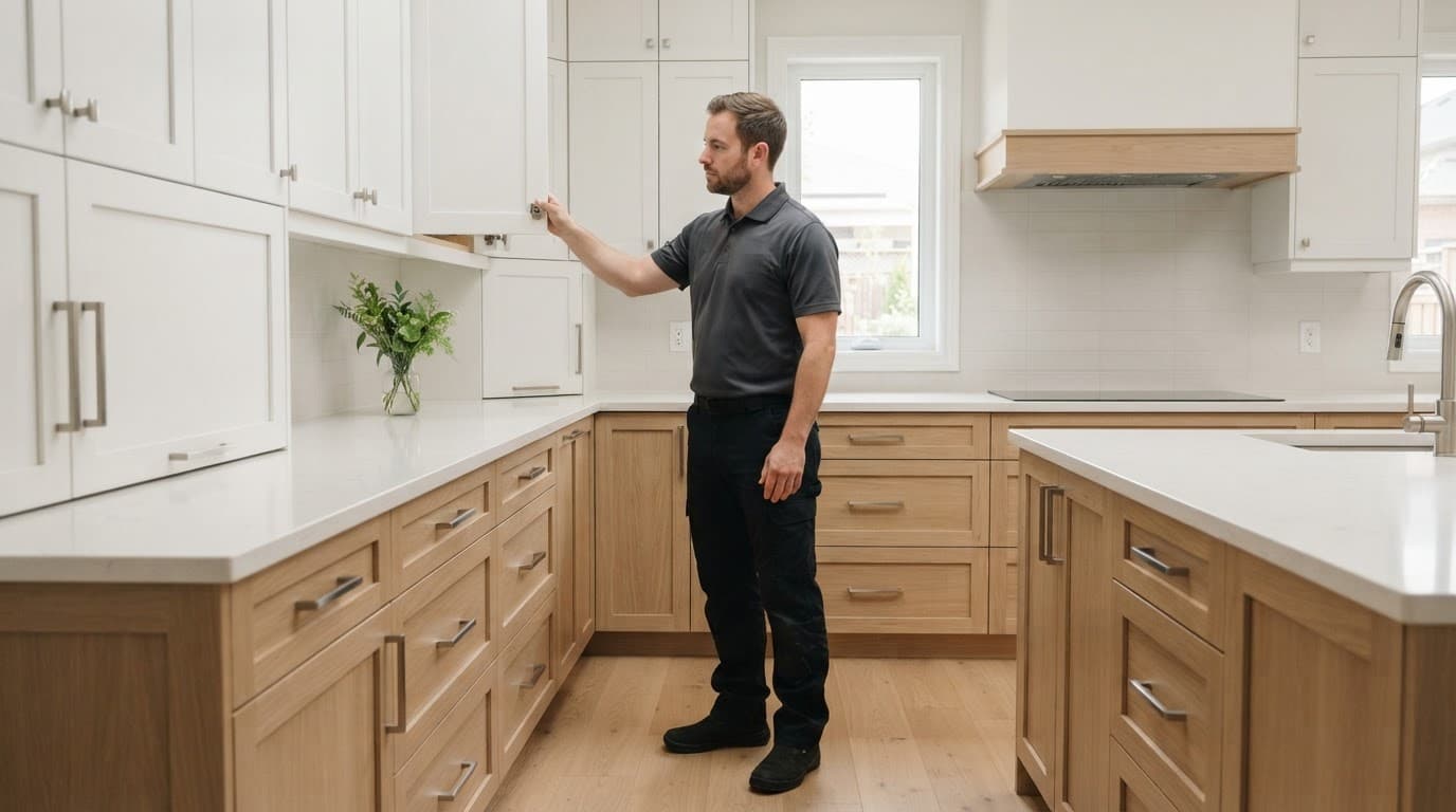 Technician inspecting aligned kitchen cabinet doors and drawers in a bright modern kitchen.
