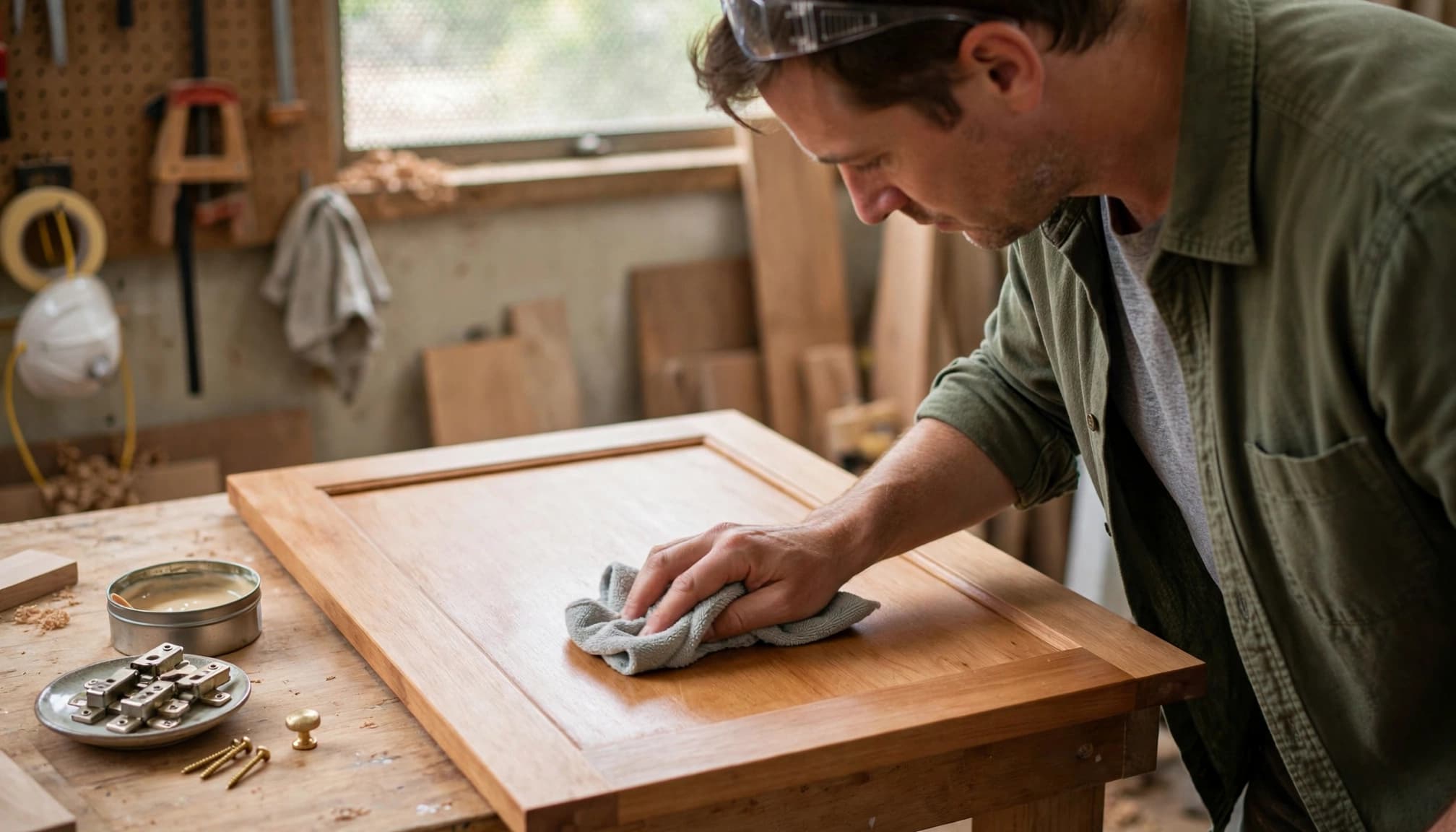 A homeowner applies wood care product to a cabinet door with a microfiber cloth.