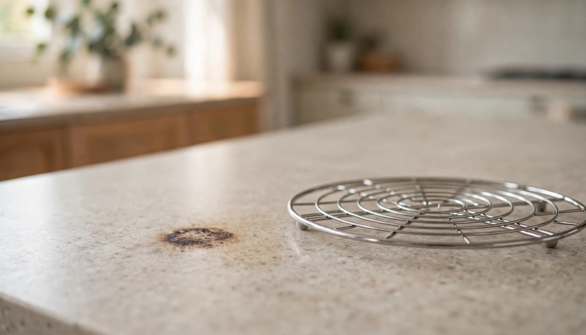 A small heat mark sits beside a cooling trivet on a kitchen countertop.