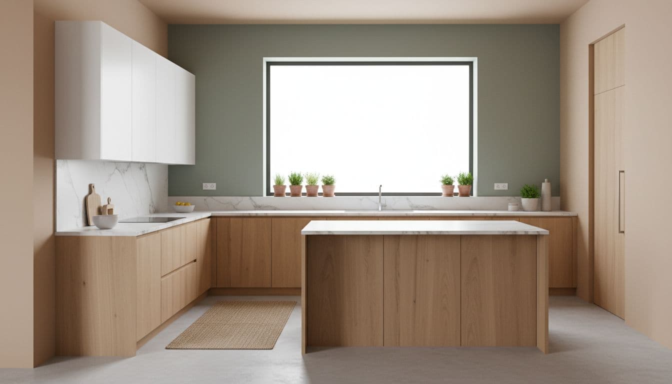 Modern kitchen with warm beige walls, smoky sage green accent wall, wooden cabinets, marble countertop, and potted herbs on sunlit sill.