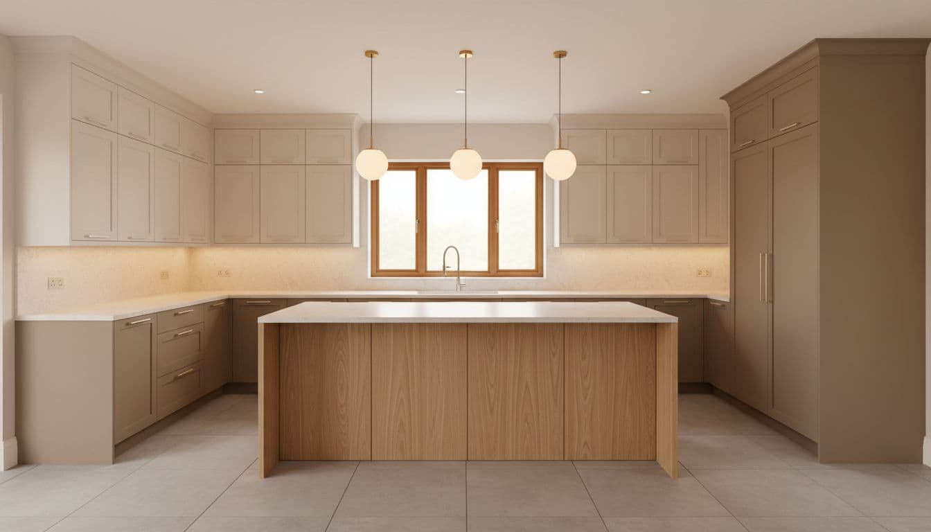 Cozy modern kitchen featuring refinished built-in cabinets with two-tone finish: warm taupe lowers and creamy white uppers, rift-sawn oak island, soft matte sheen, natural wood grain, warm ambient lighting, realistic wide-angle photo.