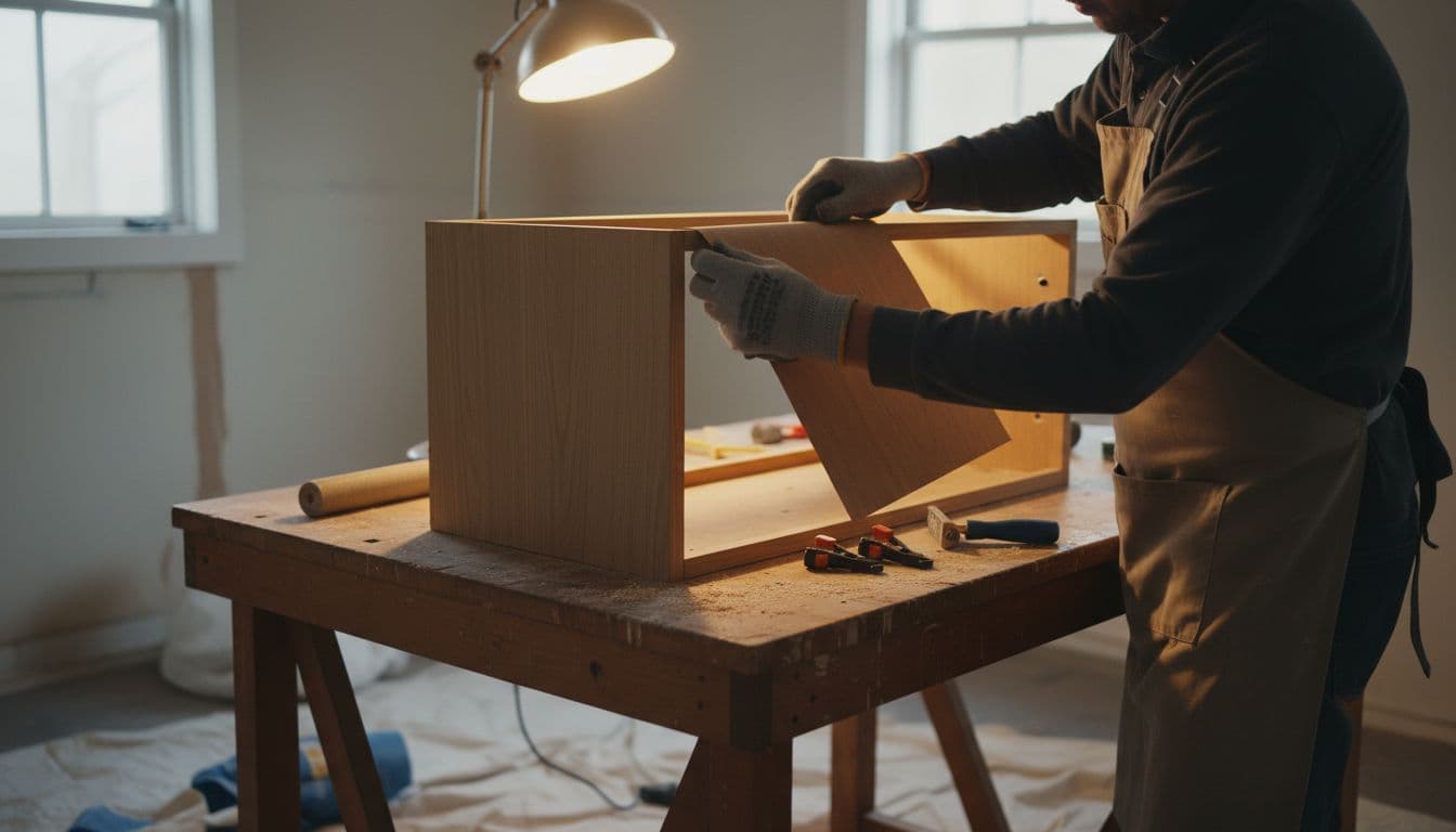 A professional craftsman carefully applies thin wood veneer to the exposed frame of a bathroom cabinet in a home workshop, focused on the task with tools like roller and clamps nearby under soft lighting.