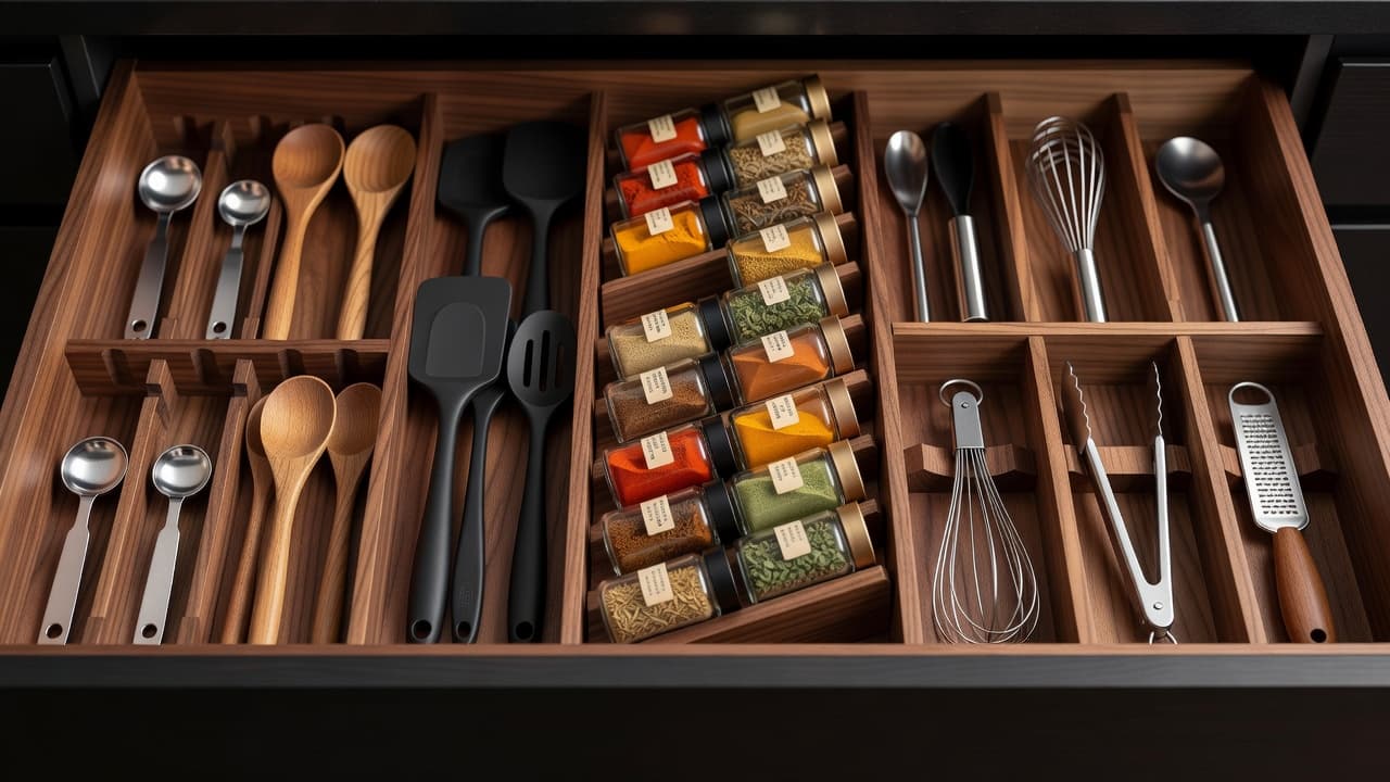 A close-up view displays a drawer interior featuring precisely fitted wooden dividers that separate silverware and seasoning jars. Soft ambient lighting accentuates the natural wood grain and neat interior layout.