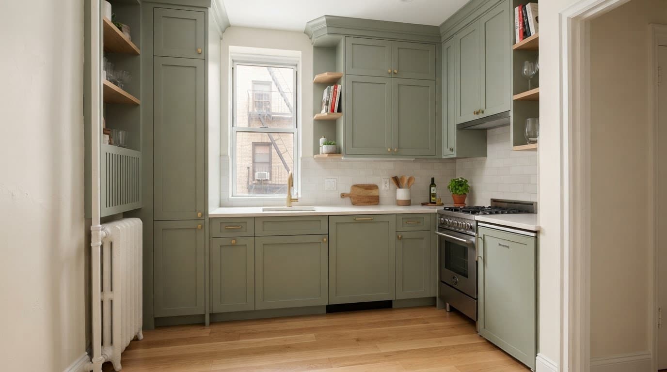 Compact kitchen with custom cabinets, pale counters, and a tall pantry beside an uneven wall.