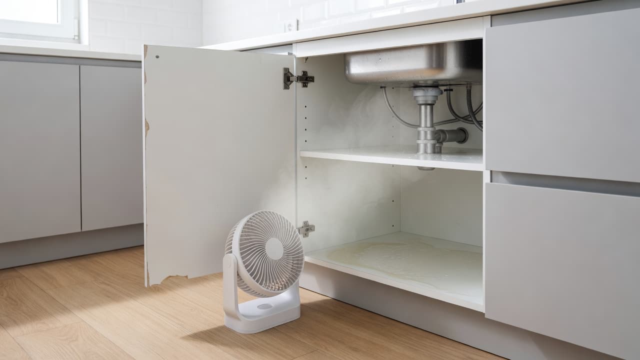 A compact electric fan sits on a clean tiled floor, blowing air directly into the hollow interior of an open lower cabinet to accelerate the drying of wood damaged by water.