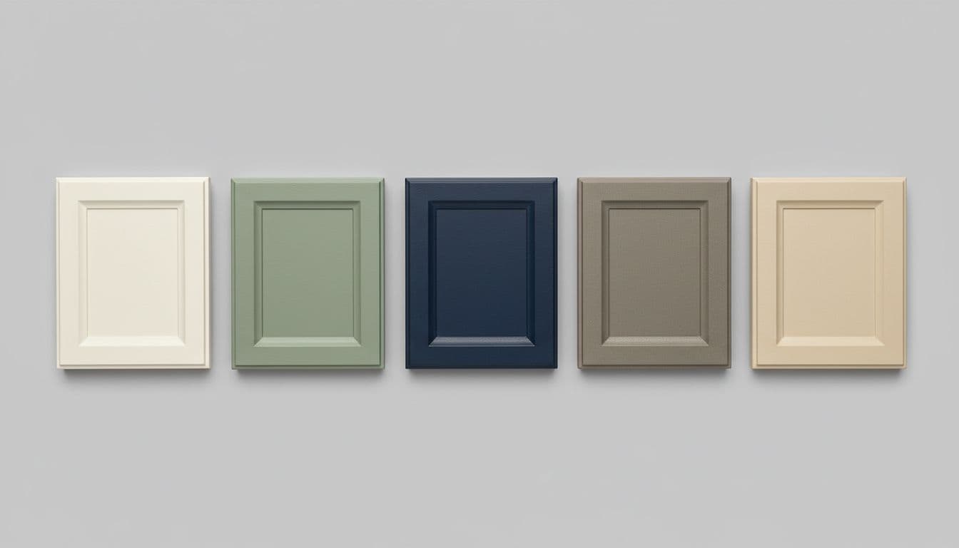 Close-up row of five small painted kitchen cabinet doors in off-white, sage green, navy blue, mushroom gray, and beige on gray background.