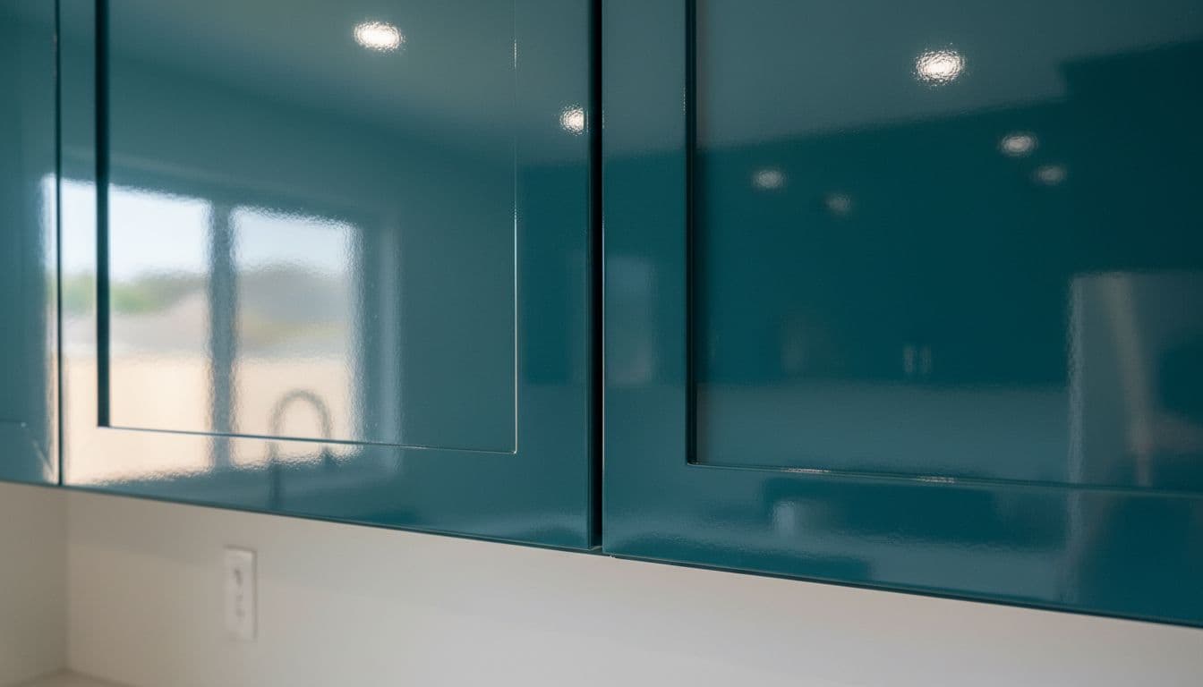 Kitchen wall section painted in semi-gloss cabinet paint reflects overhead lights beside matching cabinet door in bright daylight.