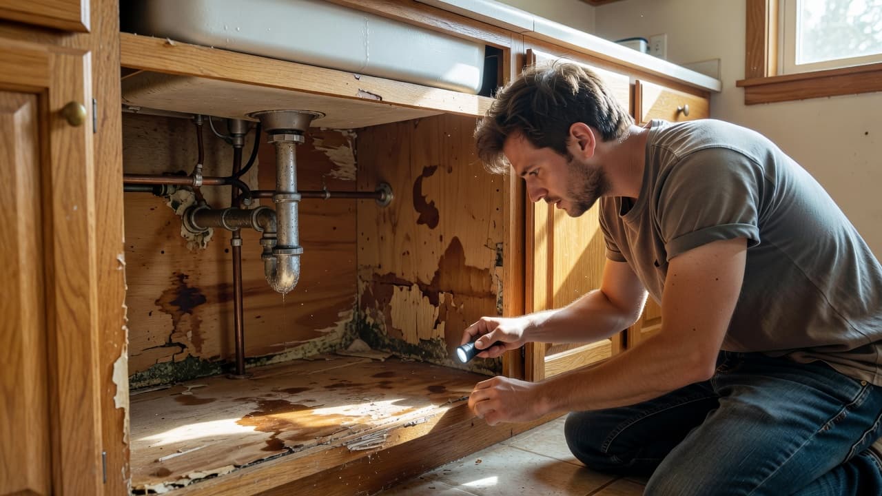 A person inspecting water damage and stains under a wooden kitchen sink.