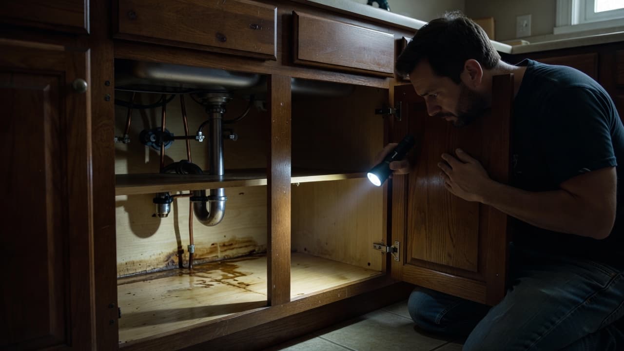 A person shines a bright flashlight into a dark wooden under-sink cabinet, revealing plumbing pipes and the interior base surface. The beam illuminates hidden areas to check for water damage.