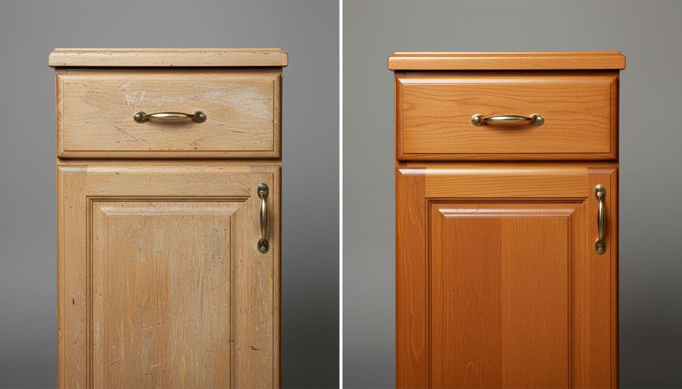 Split screen left shows scratched worn kitchen cabinet door, right shows clean polished restored version.