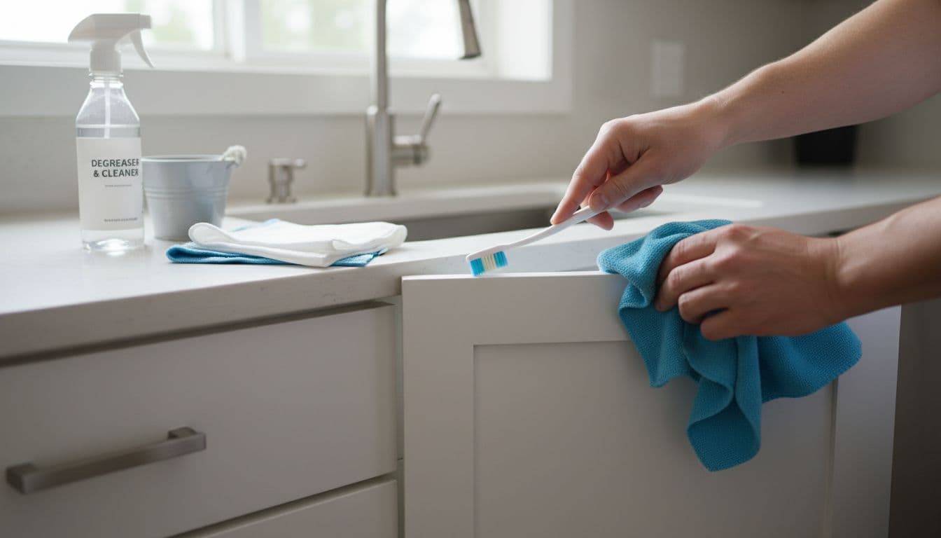 In a modern kitchen, hands naturally hold a soft toothbrush to detail crevices in kitchen cabinets during the degreasing and cleaning process, with microfiber cloths and spray bottle nearby on the counter under natural window light.