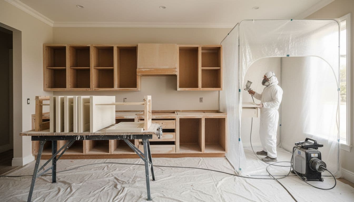 Painter applies primer to removed cabinet doors on workbench in clean modern kitchen.