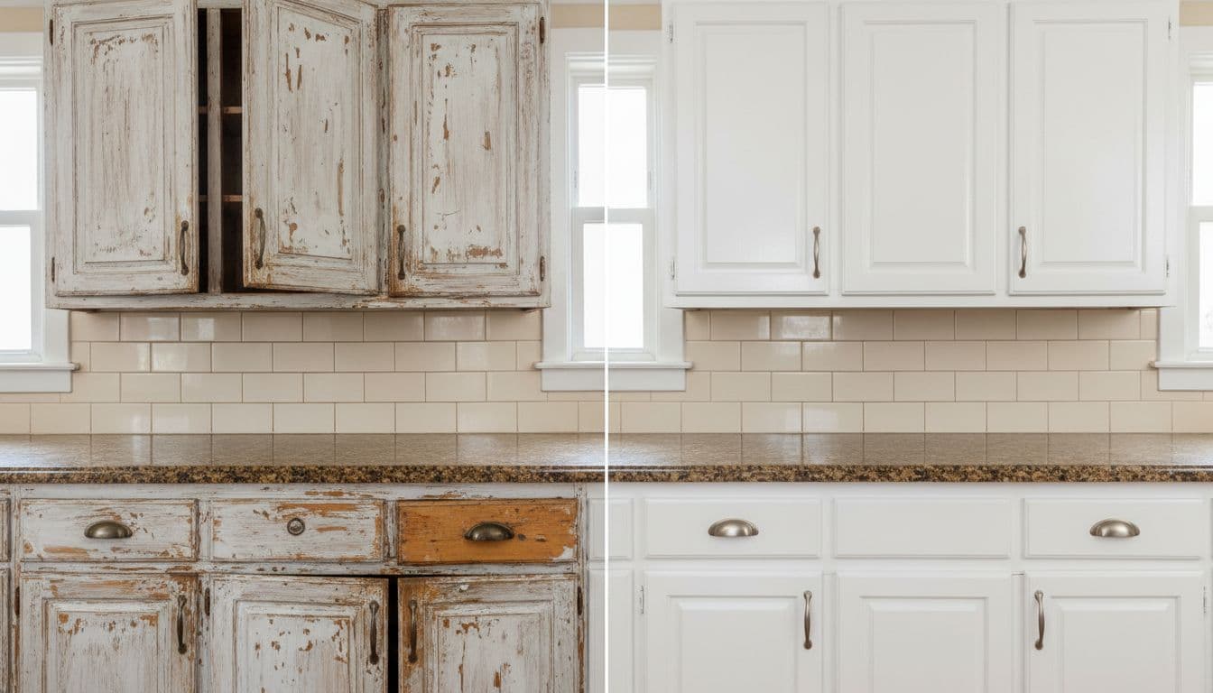 Split view kitchen cabinets: left half shows older cabinets with worn paint, chipped doors, and sagging drawers; right half shows the same cabinets repaired and refinished looking brand new with fresh hardware, same wall and countertop background, natural indoor lighting, realistic photo style.