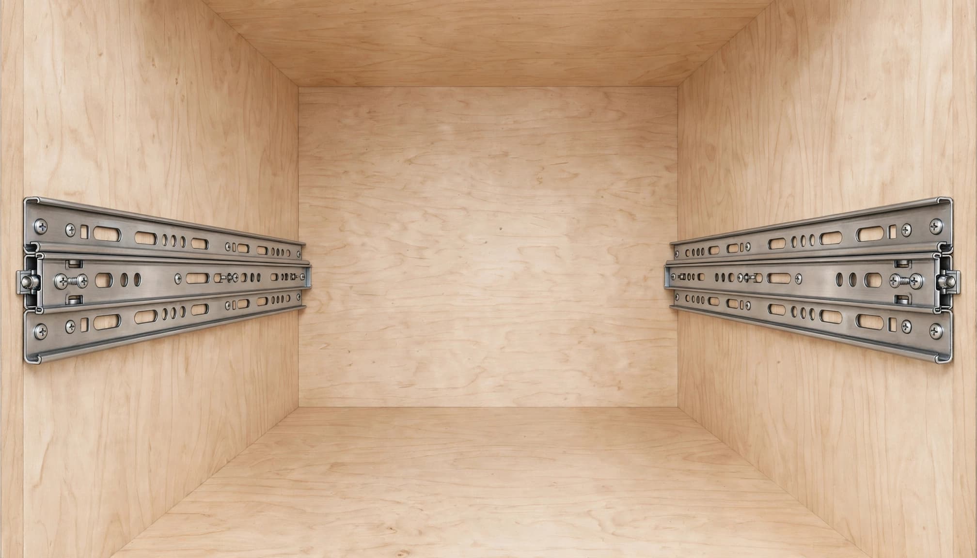 A clean wooden cabinet interior with metal drawer slides mounted on both sides.