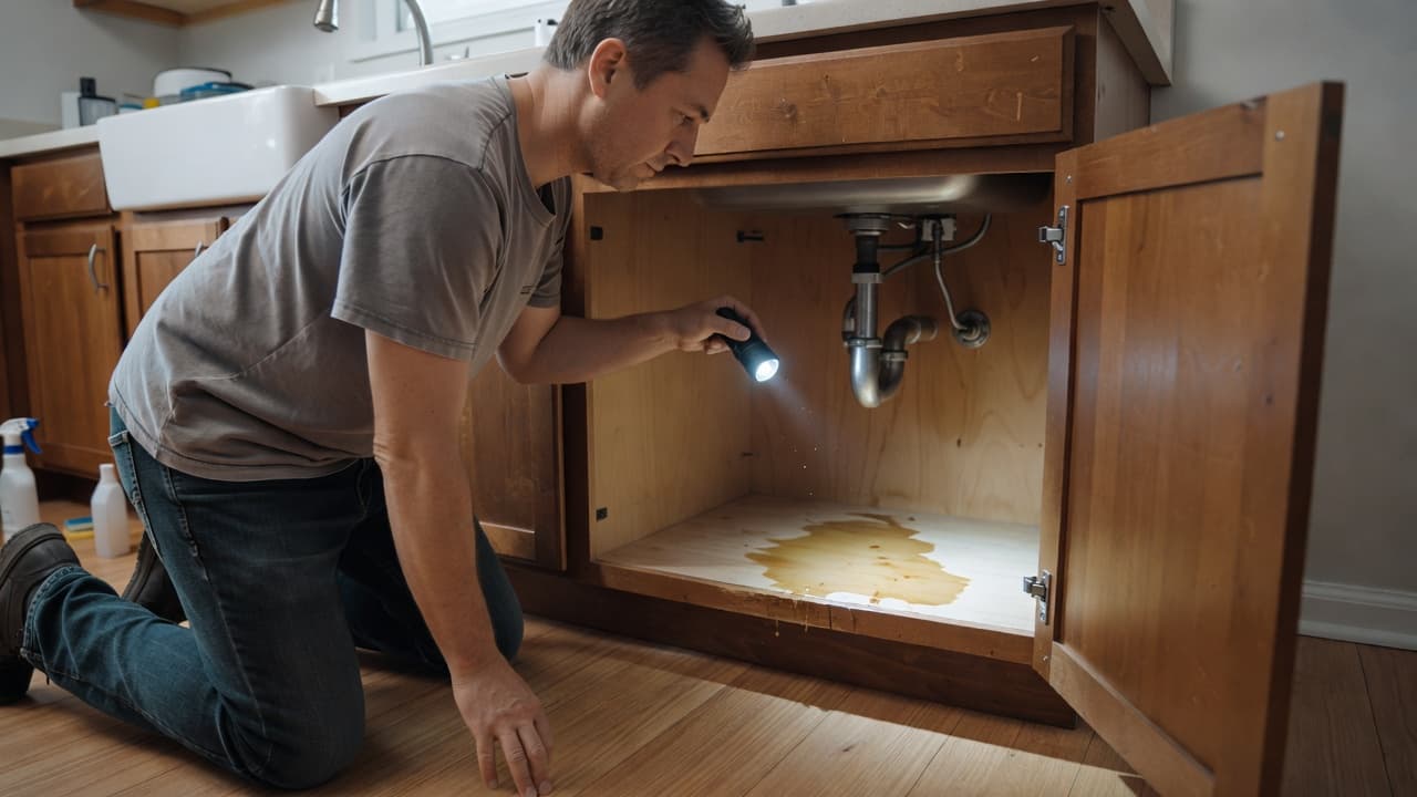 A person inspects the bottom of a kitchen sink cabinet using a flashlight.