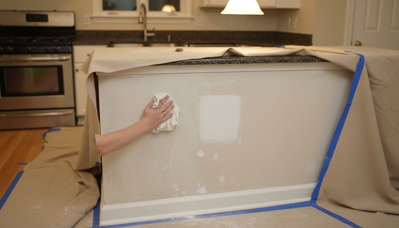 Cleaned kitchen wall with filled patches, sanded smooth, primer spot; drop cloths on counter and floor; hand rests soft cloth.