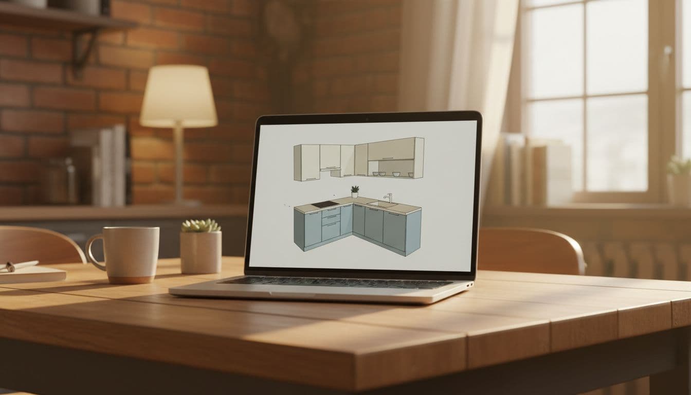 Realistic photo of a laptop on a cozy kitchen table showing a simple abstract 3D model of kitchen cabinets in preview mode from a side angle, with warm ambient lighting and no people or extra devices.
