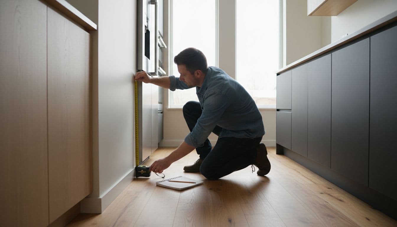 A person carefully measures a kitchen wall and floor using an extended tape measure, with a notepad nearby, in a modern kitchen setting with soft natural lighting.