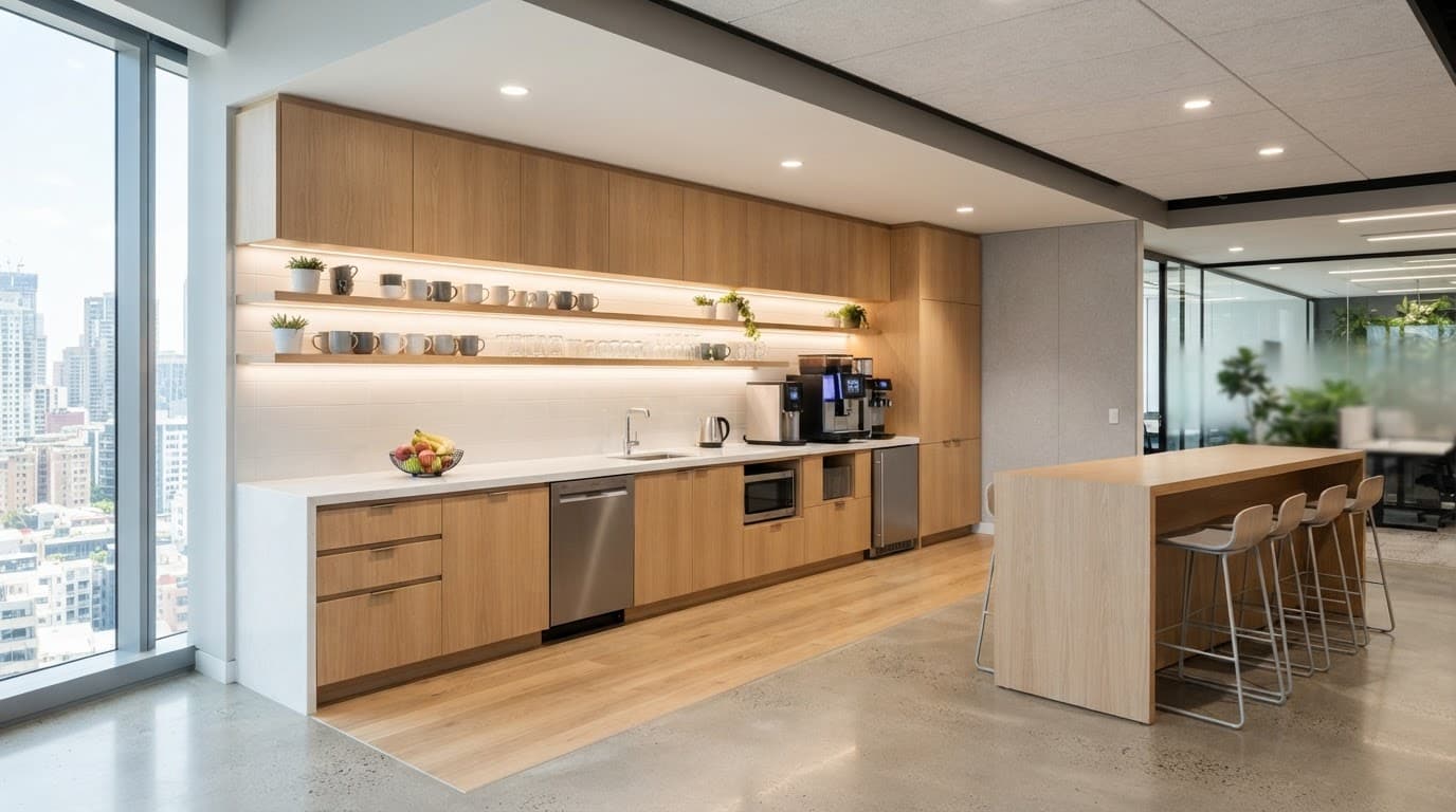 Custom wooden cabinets and clean countertops in a modern office kitchen.