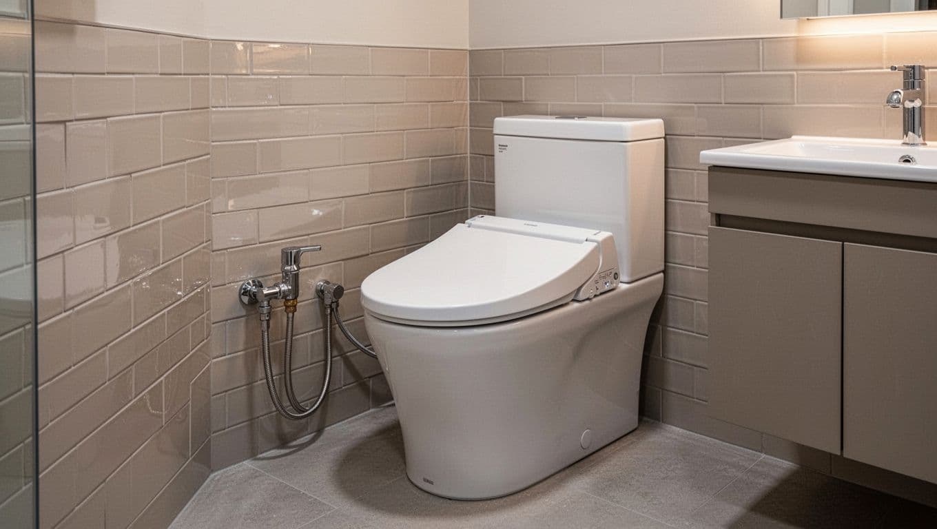 Modern smart bidet toilet with elongated white one-piece design, chrome angle stop valve, and braided supply line installed in a small contemporary San Francisco bathroom featuring neutral subway tile walls and compact vanity.