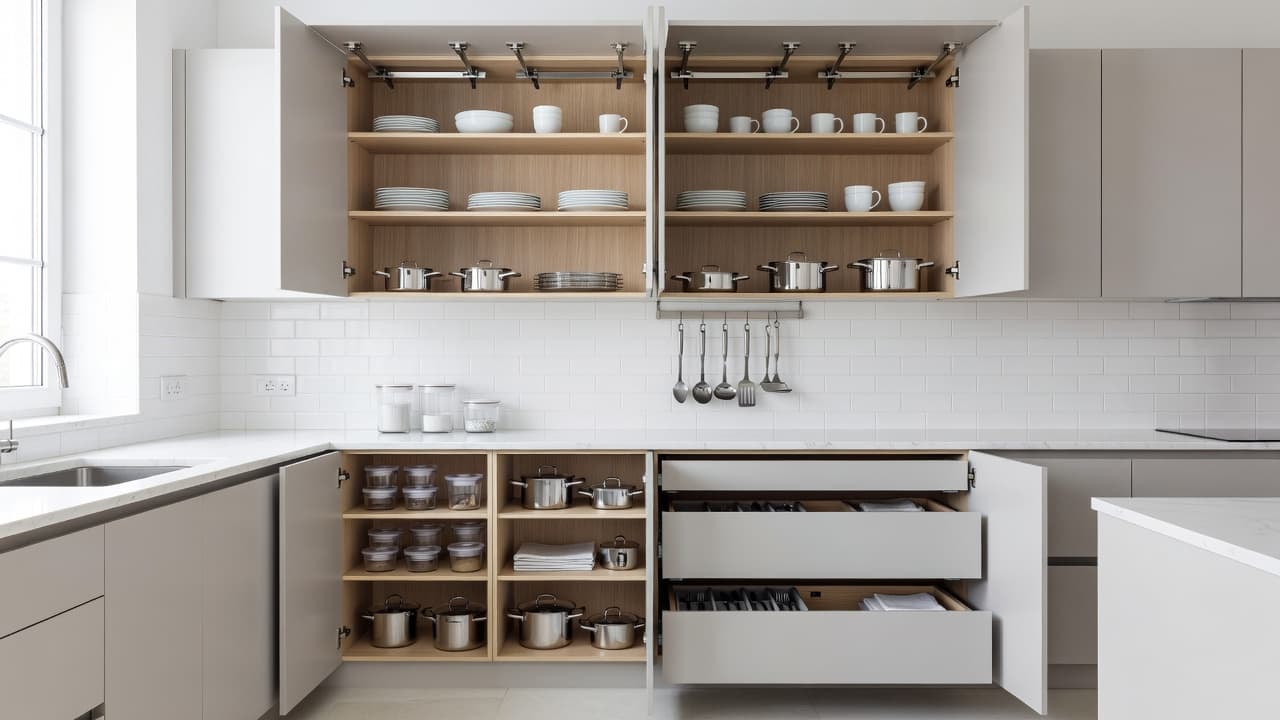 Open kitchen cabinet doors showing high-quality soft-close hinges and organized interior shelving.