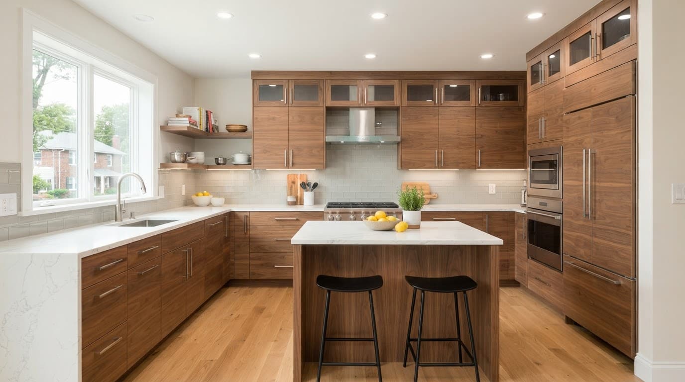 Modern apartment kitchen with custom wood cabinets, polished handles, and bright lighting.