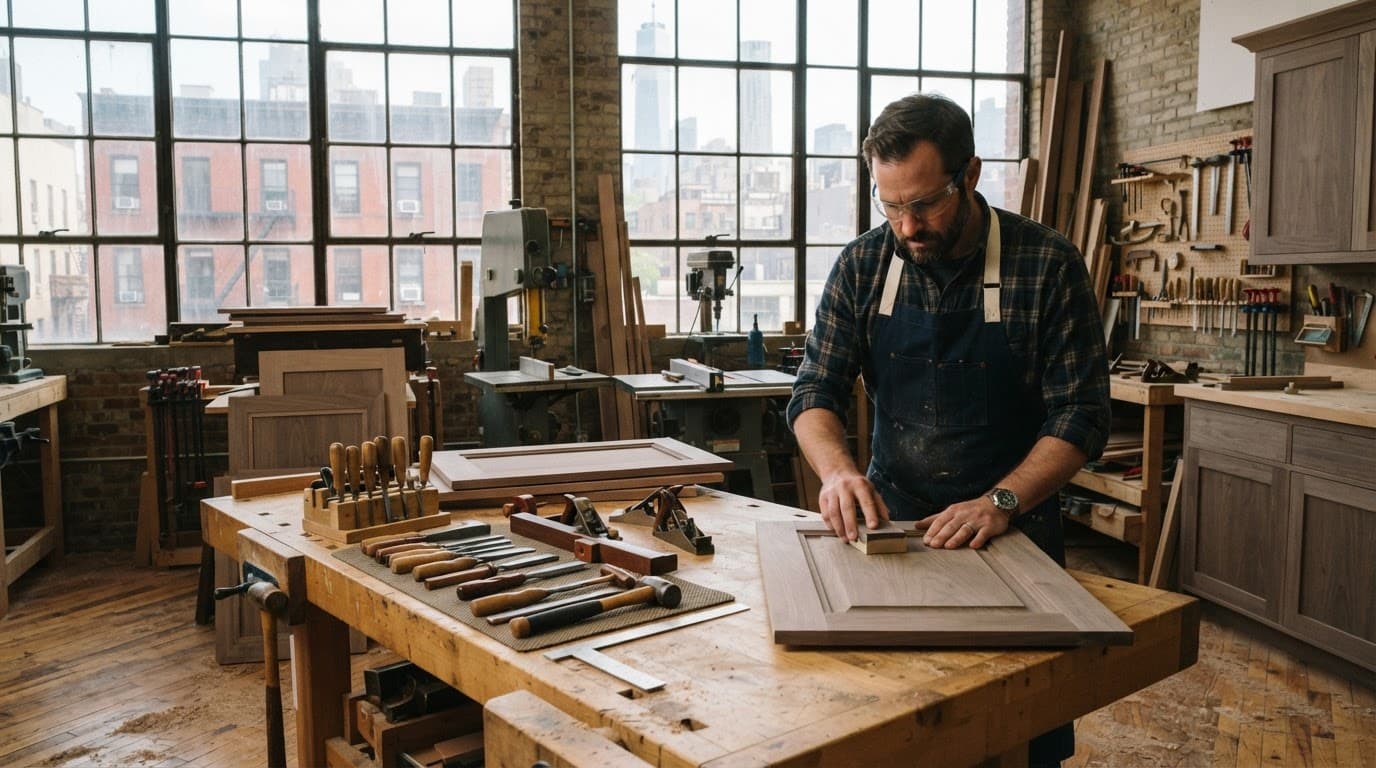 A cabinet maker works beside unfinished doors and tools in a bright workshop.