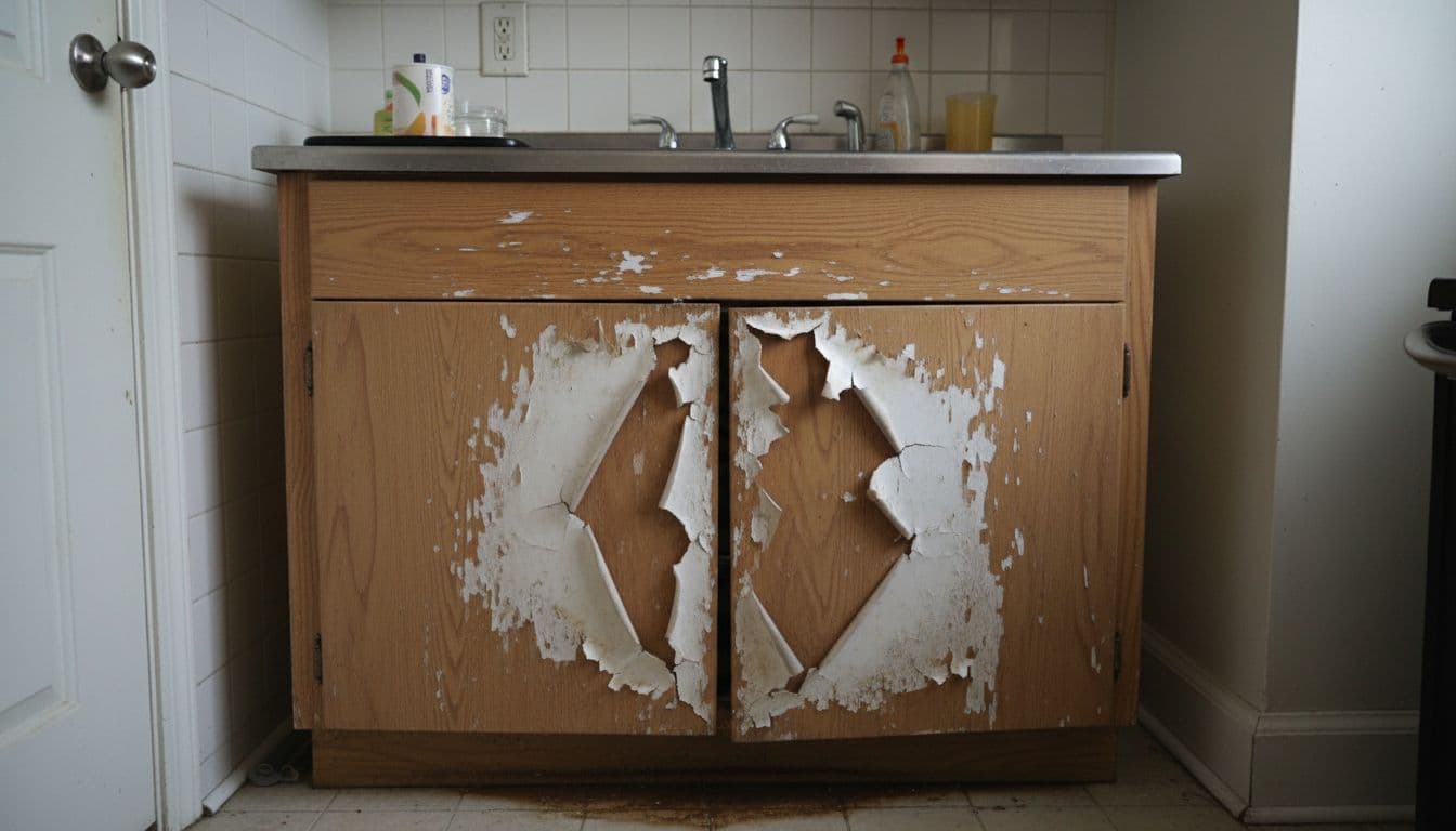 Kitchen cabinet base showing water damage with peeling finish, swollen wood, and bubbling veneer near a sink in a small New York City apartment kitchen, medium shot on the damaged area.