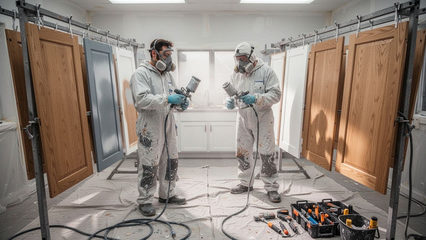 Two painters in masks and coveralls spray paint on disassembled cabinet doors hung on racks in a home kitchen.