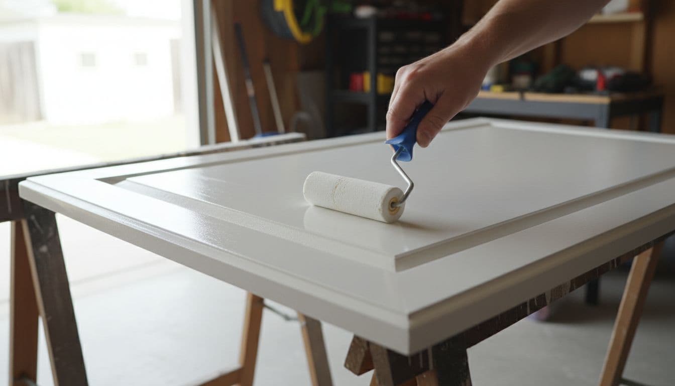 Close-up of a smooth thin coat of satin white paint rolled onto a prepared kitchen cabinet door using a small foam roller held by one hand on sawhorses in a sunny garage.